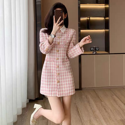 Xiaoxiangfeng pink dress for women autumn 2023 new French style high-end temperament high-end light luxury long-sleeved skirt