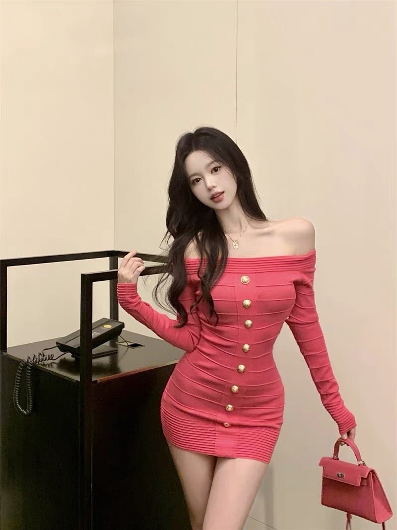 French long-sleeved knitted dress for women in autumn and winter  slim-fitting bottoming arm skirt tight and sexy one-shoulder short skirt  A2264