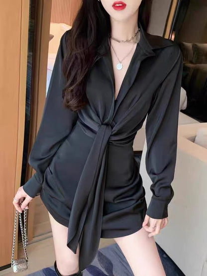 Early spring and autumn 2023 new temperament chic niche design high-level sexy slim black shirt dress female