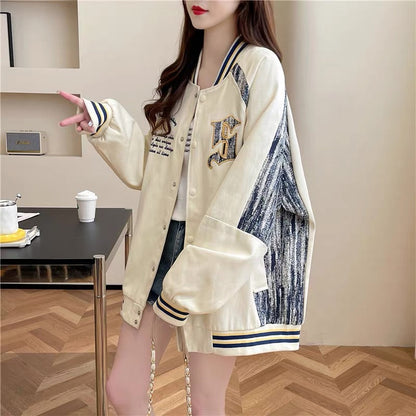 Western design denim splicing cardigan jacket for women 2023 autumn new loose and versatile baseball uniform jacket (S0519)