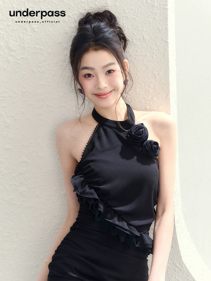 Underpass original niche design dinner-style black rose halter neck ribbon sleeveless sexy dress