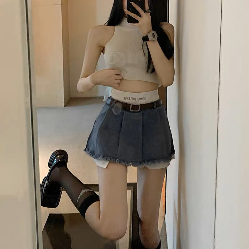 Irregular fake two-piece denim skirt female summer small tall waist thin a-line sexy pleated short skirt