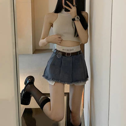 Irregular fake two-piece denim skirt female summer small tall waist thin a-line sexy pleated short skirt