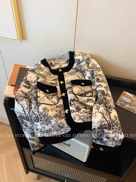 Xiaoxiang style retro jacquard round neck short coat for women autumn 2023 new new Chinese style national style slim top