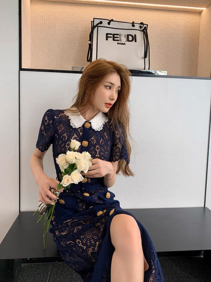 Wealthy daughter's high-end long dress, dark blue, heavy lace, contrasting color, doll collar, elegant temperament, slimming dress (D160)
