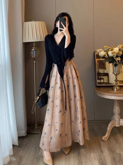 Two-piece suit women's autumn clothes new western style fashionable French retro bottoming velvet dress temperament slim long skirt