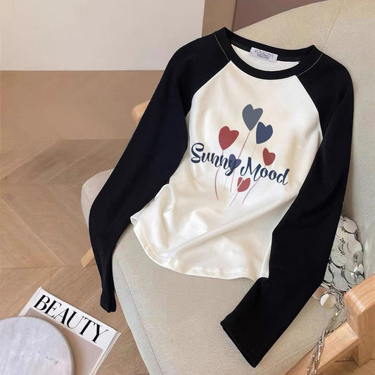 Contrast color pure cotton inner wear design sense splicing long-sleeved T-shirt female 2025 autumn and winter new European goods loose slim top M