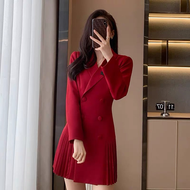 2023 Spring New Style Small Short Double-breasted Pleated Small A-Line Jacket Suit Skirt
