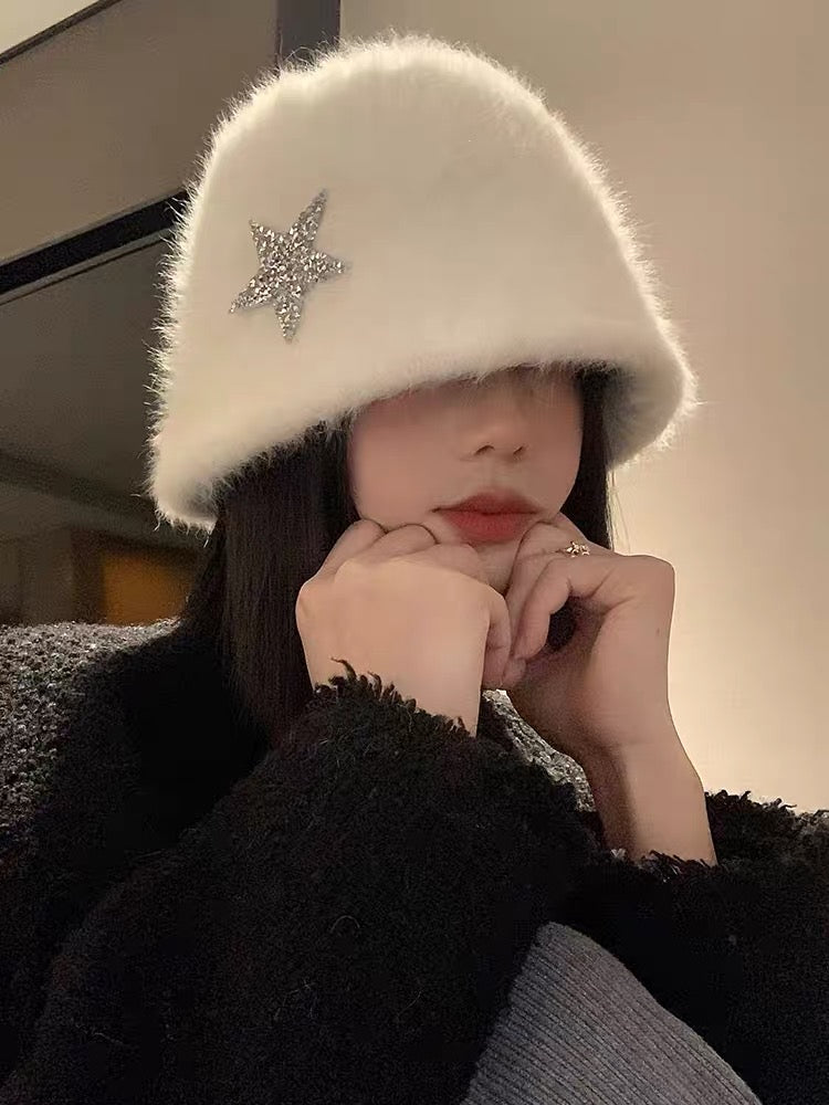 White rabbit fur fisherman hat for women in autumn and winter