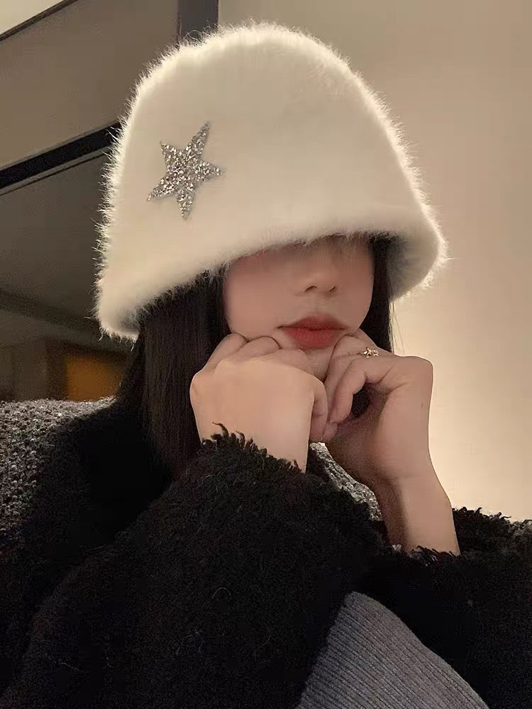 White rabbit fur fisherman hat for women in autumn and winter, Japanese-style face-showing small warm bucket hat, Korean style large head circumference plush hat