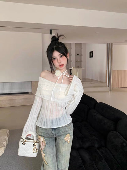 Yatoujia's trendy women's clothing~pure lust hazy pullover sweater for women autumn three-dimensional flower one-shoulder sweater (T0231)