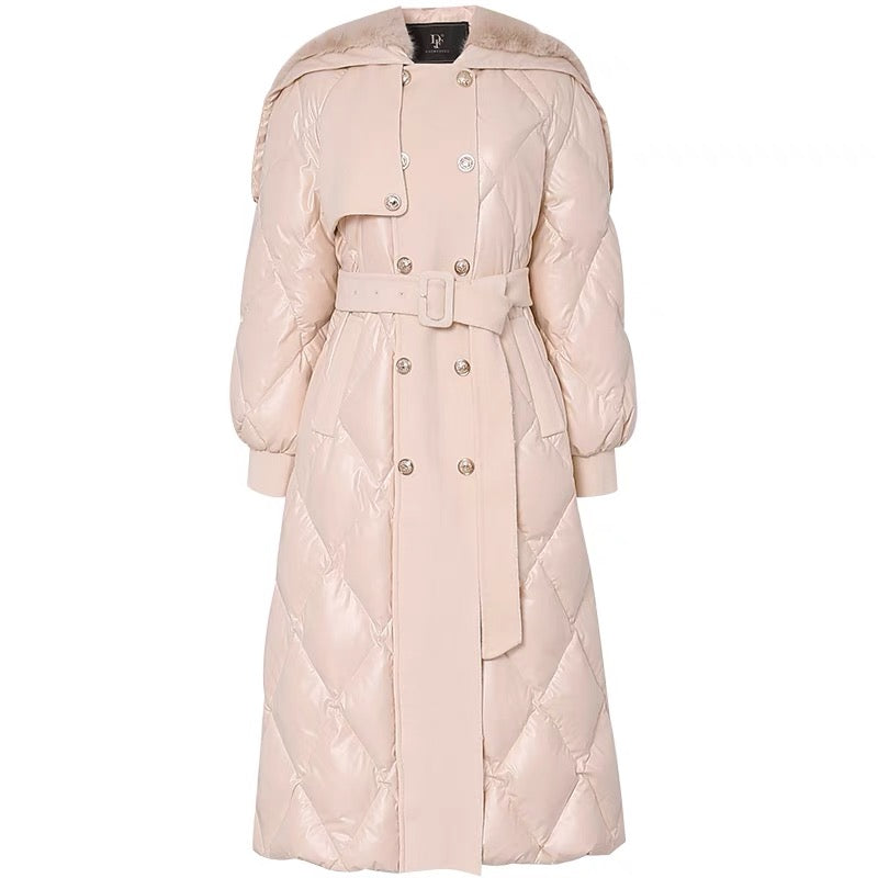 Winter women's clothing 2023 new apricot pink fur collar waist mid-length down jacket thickened knee-high white duck down