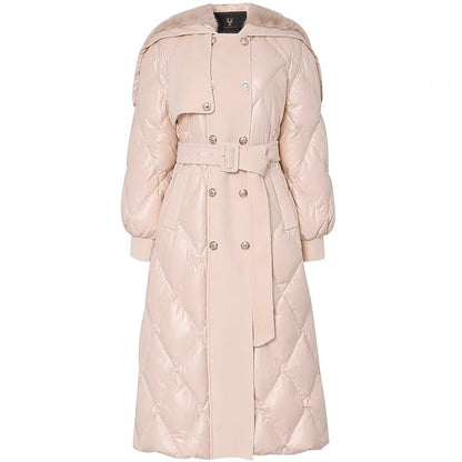 Winter women's clothing 2023 new apricot pink fur collar waist mid-length down jacket thickened knee-high white duck down