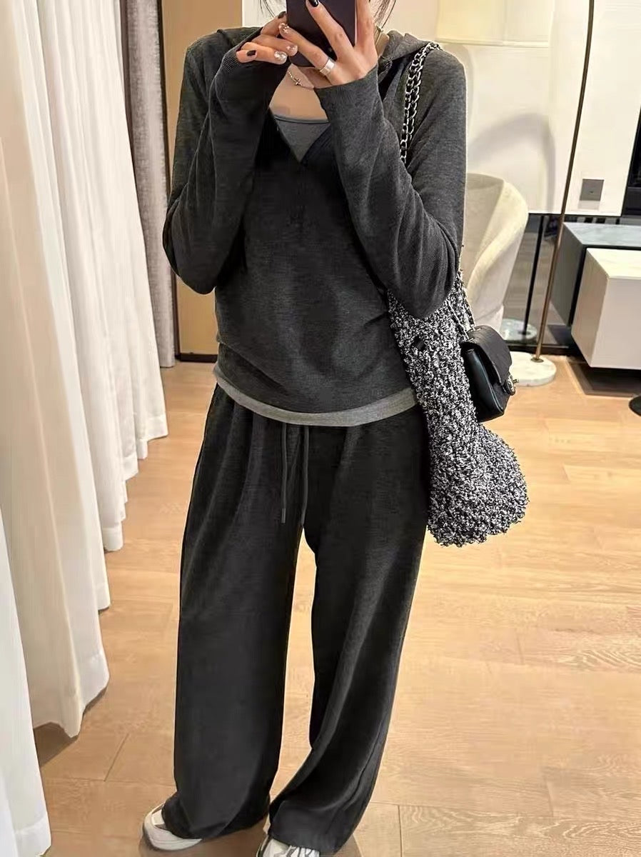 Casual sports style suit women's early autumn hooded sweater lazy wide-leg pants three-piece suit Internet celebrity salt system fried street fashion