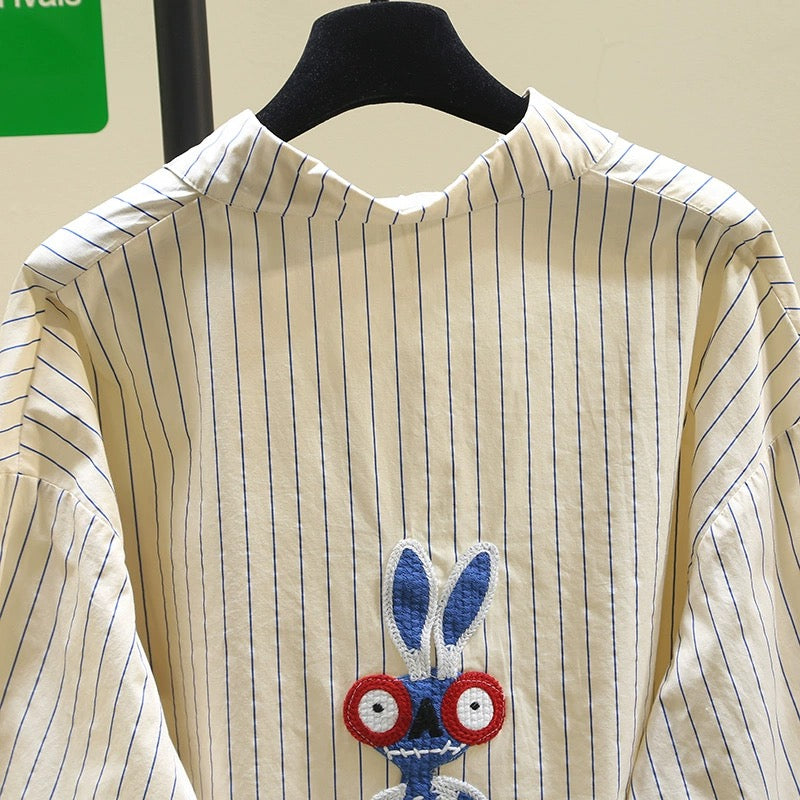 Design sense age-reducing blue striped shirt for women 2024 spring new style literary style loose casual shirt tops