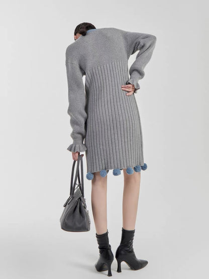 Lyric knitted dress with fur ball off-the-shoulder design, coat and skirt, women's underwear with bottoming skirt and sweater dress (S0398)