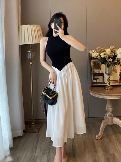 French retro sleeveless halterneck off-shoulder dress women's summer small fragrance contrast color high-quality temperament long dress