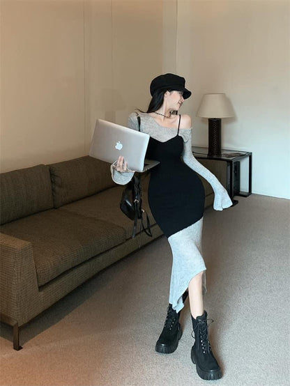 2023 early autumn new long-sleeved French knitted one-neck dress women's early autumn hot girl sexy hip skirt