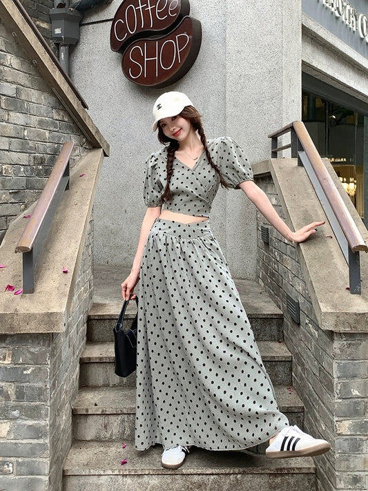 2024 new French grey polka dot waist v-neck dress for women spring and summer design niche temperament long dress