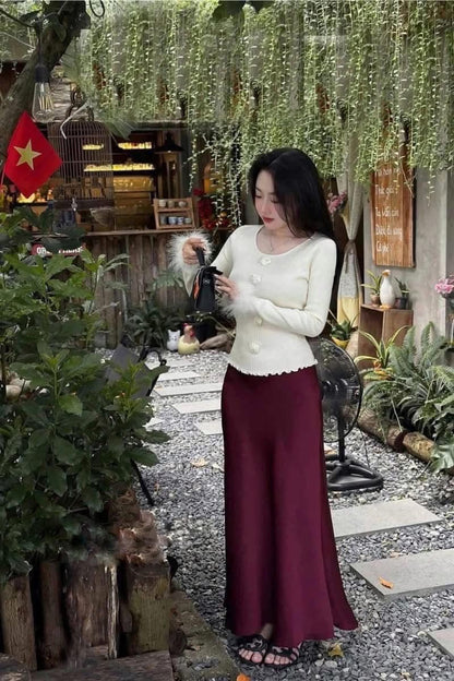 High waist medium length satin acetate silky skirt female 2025 spring and autumn summer new hip fishtail A-line long skirt