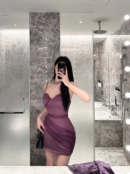 For Fay purple mesh wrinkled fishbone satin slim dress high-end design pure lust suspender skirt