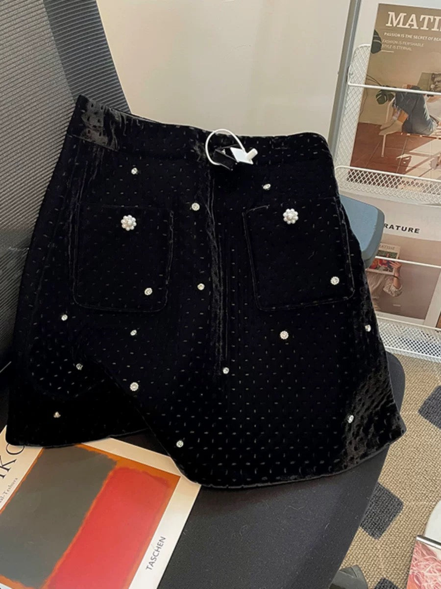 2023 new autumn style temperament diamond velvet short jacket women's skirt lace splicing small fragrance two-piece suit