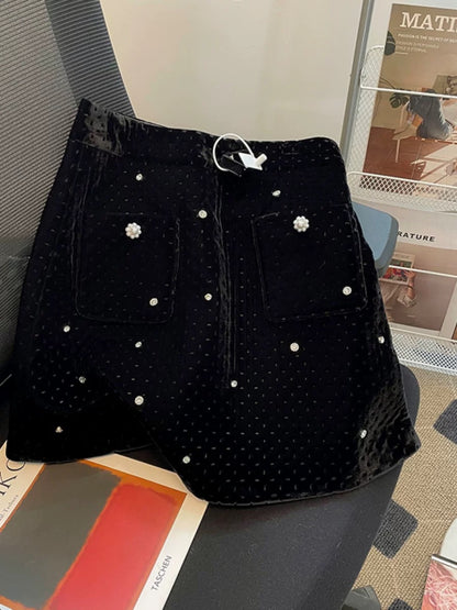 2023 new autumn style temperament diamond velvet short jacket women's skirt lace splicing small fragrance two-piece suit