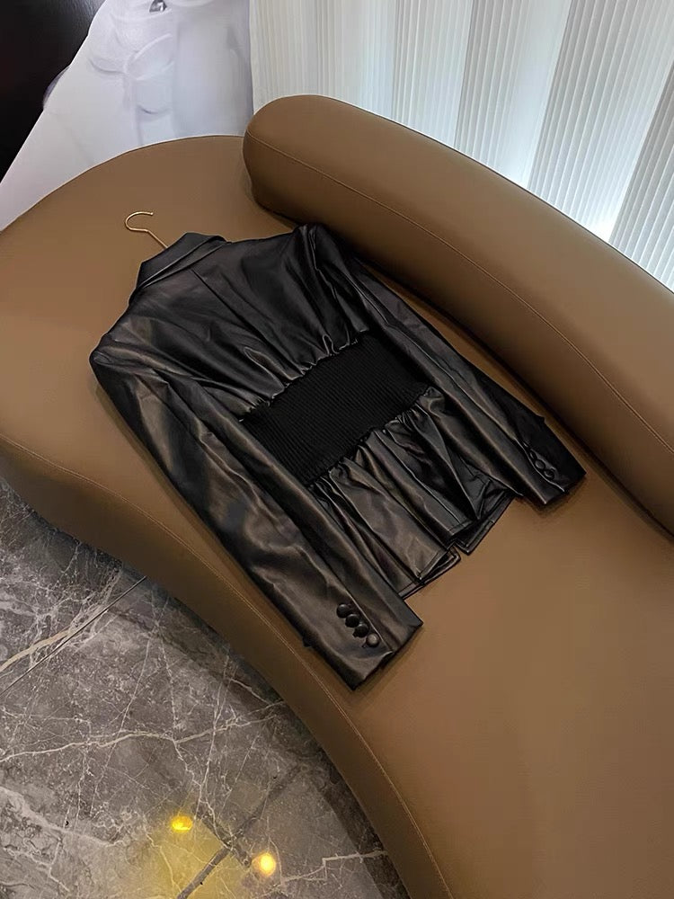 Niche design catwalk style PU jacket spliced knitted super waist silhouette suit (B7913)