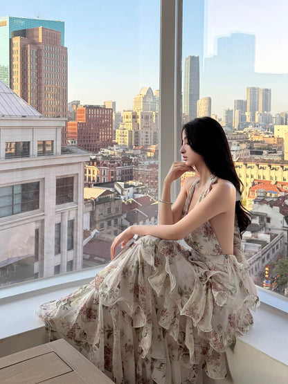 For Fay – French halter chiffon maxi dress with romantic rose garden print.
