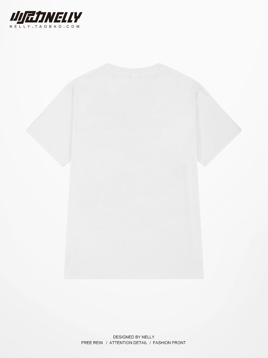 Cute cartoon letter print short-sleeved T-shirt for men and women loose summer heavy cotton design trendy tops