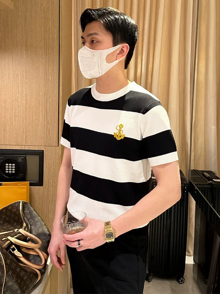 Fashion custom anchor embroidered short sleeves 2024 new summer new black and white striped sailor shirt slim fit t-shirt men