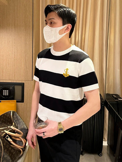 Fashion custom anchor embroidered short sleeves 2024 new summer new black and white striped sailor shirt slim fit t-shirt men