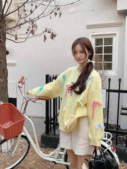 Girly Three-dimensional Bow Pink Knitted Sweater Women's Autumn 2023 New Loose Western Style Age-Reducing Top A2246