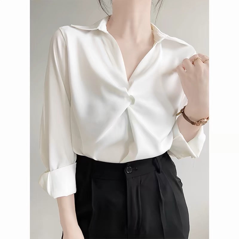 ACHU Love at First Sight Blue Satin Shirt Women's Professional Commuting OL Interview Shirt Design Top Light Mature T367
