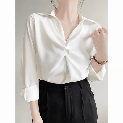 ACHU Love at First Sight Blue Satin Shirt Women's Professional Commuting OL Interview Shirt Design Top Light Mature T367