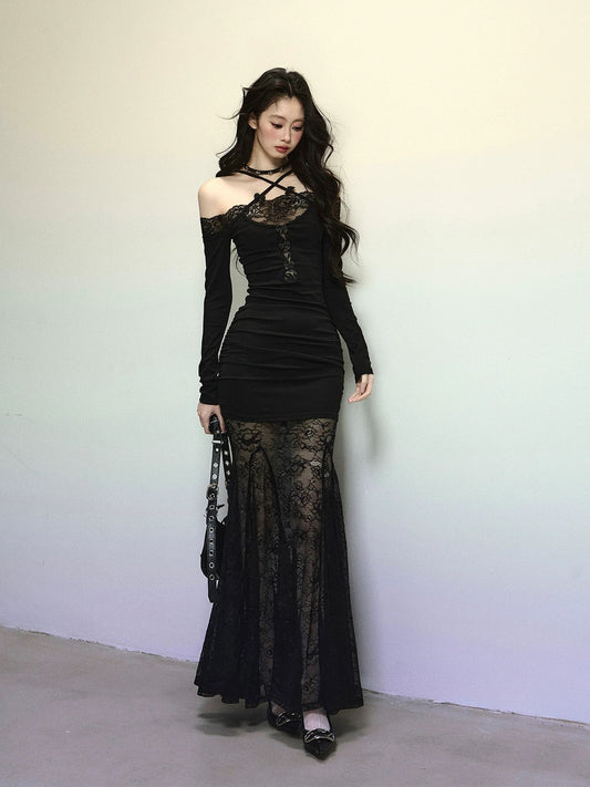 Shao Ye Eyes Goddess Venus Lace Sexy Dress Women Autumn and Winter Long Sleeve Slimming Halter Neck Hip Skirt Long Skirt