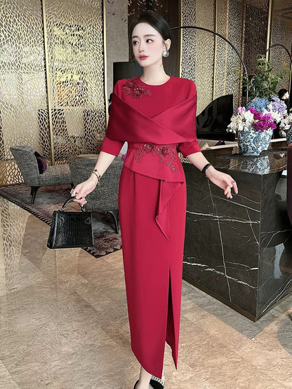 2023 Autumn and Winter Heavy Industry Embroidered Beaded Red Wedding Banquet Red Dress Dress Western Fashion Slim Dress