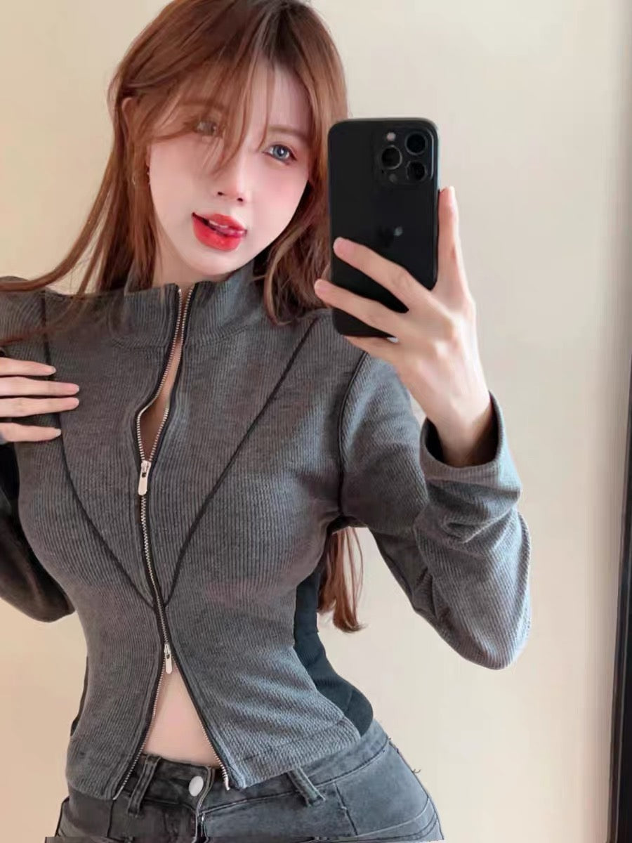 Autumn sweet and cool stand-up collar short long-sleeved double zipper design t-shirt cardigan women's slim and versatile coat top