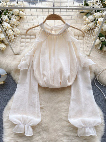 Gentle style chiffon top women's long-sleeved hollow out-shoulder beaded halterneck shirt 2023 new autumn clothing