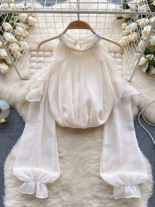 Gentle style chiffon top women's long-sleeved hollow out-shoulder beaded halterneck shirt 2023 new autumn clothing