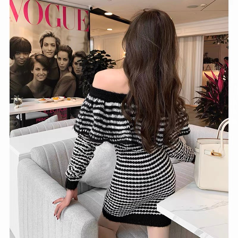 [Earth Store] Contrast color striped versatile knitted dress for women spring and autumn one-line collar ruffle skirt (D0860)