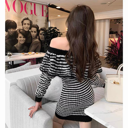 [Earth Store] Contrast color striped versatile knitted dress for women spring and autumn one-line collar ruffle skirt (D0860)