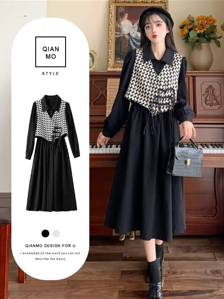Plus size college small fragrance style two-piece suit dress autumn new style plate buckle houndstooth vest slimming long skirt (S0979)