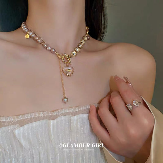 Freshwater Pearl Diamond Chain Love Tassel T-Buckle Necklace Design Temperament Clavicle Chain Sweet Necklace for Women