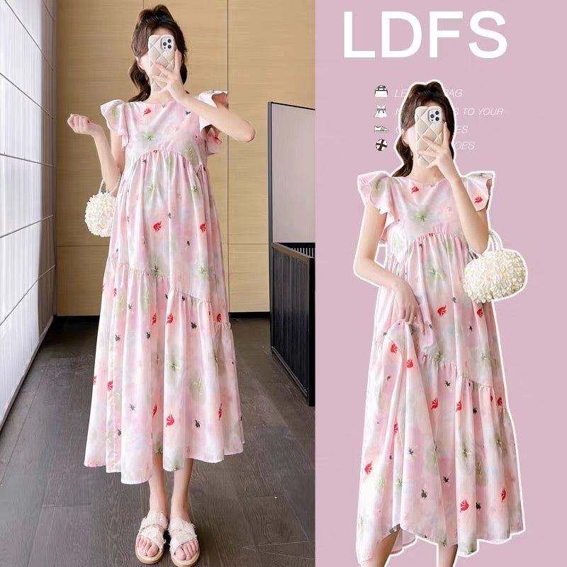 2023 New Large Size Summer Maternity Dress Temperament Floral Flying Sleeves Korean Style Slim Loose Fashionable Long Dress