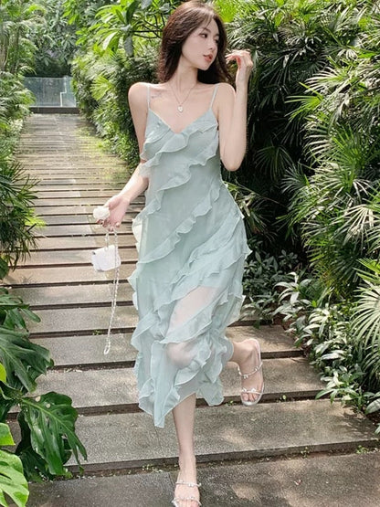 French V-neck ruffled temperament suspender dress 2023 new women's summer high-end chic and beautiful long skirt