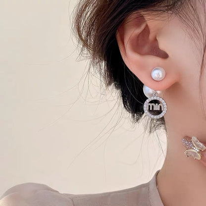 Silver Zircon Alphabet Pearl A Two-Wear Earrings Fashion Personality Ear Studs Niche Temperament Versatile Earrings