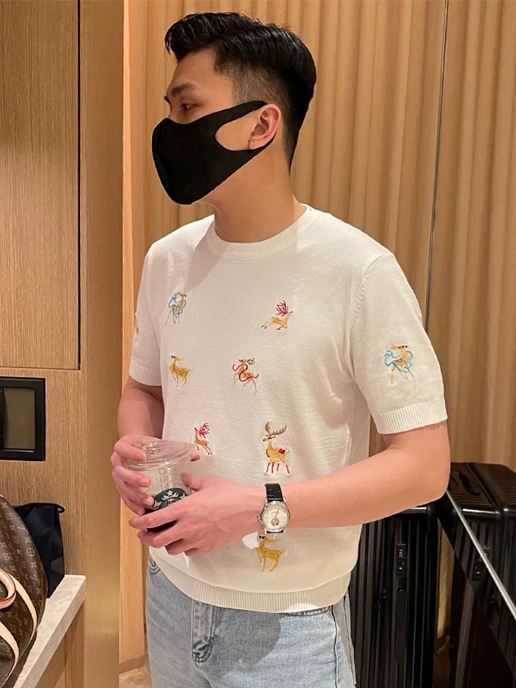 Yomobrother fashion colorful deer embroidery men's T-shirt summer new slim knitted short sleeve 2024 new men