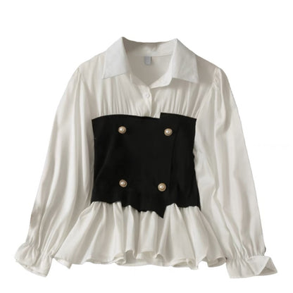 French niche contrasting color stitching double-breasted waisted shirt for women 2023 new slim fit long-sleeved bottoming top