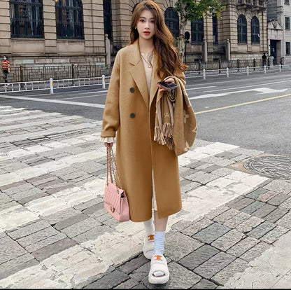 Pink double-faced velvet coat for women 2024 autumn and winter new Korean style loose mid-length Hepburn style woolen coat